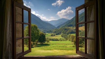 Ultra quality image of picturesque countryside view through an open window, with green fields and mountains in the background.