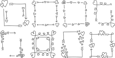 Cute hand-drawn heart and arrow frames – romantic square borders for Valentine’s Day cards, love notes, wedding invitations, and playful decorative designs

