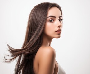 A beautiful woman wearing a black strapless dress with her hair blowing in the wind, on a white background.