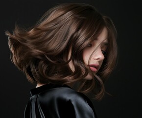 Obraz premium Create a promotional texture of rich, natural and healthy wavy brown hair of a girl, with an artistic touch in pastel colors and lighting from behind, the background is black and a black satin blouse.