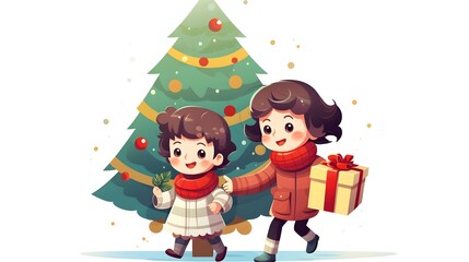 Obraz premium Loving Mother Carrying Little Boy and Daughter with Tree in Background - Family Bonding and Outdoor Activities Concept