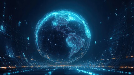 Obraz premium Glowing digital globe showing network connections and bright city lights on the continents of North and South America, set against a dark futuristic background