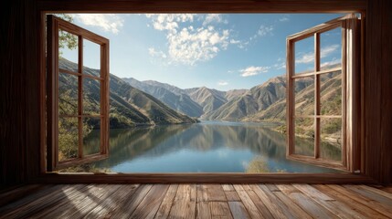 Ultra quality image of scenic view from an open window showcasing mountains and a serene lake, with wooden flooring and a clear sky.