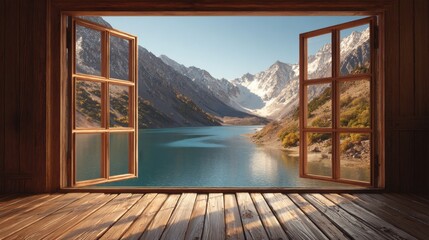Ultra quality image of scenic view from an open window showcasing mountains and a serene lake, with wooden flooring and a clear sky.
