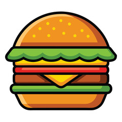 Burger Icon with Outline, Simple Design, Tasty Food, Sandwich with Layers, Bun with Sesame