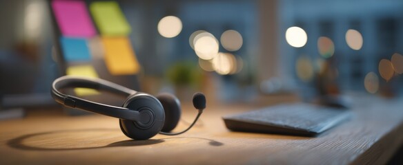 The sleek headset resting on a modern office desk with vibrant stationery.