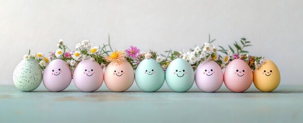 Row of pastel-colored eggs with smiling faces and decorated with small flowers, creating a cheerful and festive atmosphere