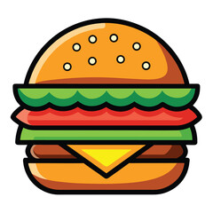 Cartoon Burger with Bun, Beef Patty, Lettuce, Tomato, Cheese, and Black Outline
