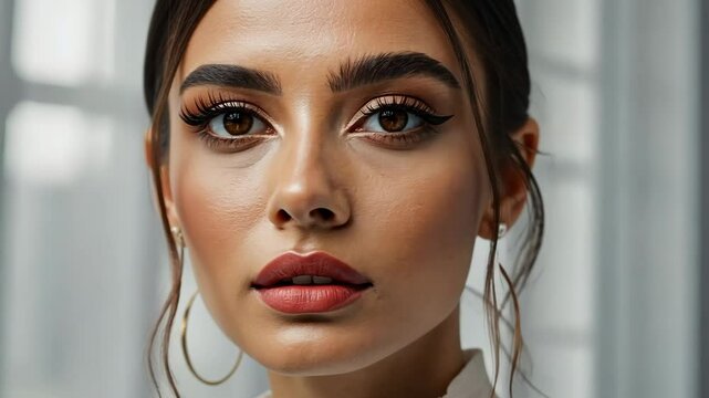 Woman with striking makeup and elegant earrings, wearing a white lace top, captured in soft lighting against a blurred backdrop, exuding timeless beauty and sophistication.