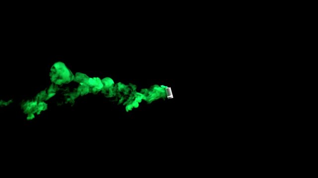 Smoke grenade moves across a black background releasing a swirling trail of bright green smoke, 3D animation