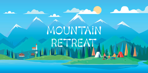 Colorful mountain landscape illustration for summer vacation travel retreat