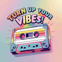 Retro Cassette Tape Rainbow Vibes Design Graphic Illustration Turn Up Your Vibes Positive Energy Music 80s 90s Nostalgia Vintage Aesthetic Colorful Art Print fun pop cool style happy media audio sound