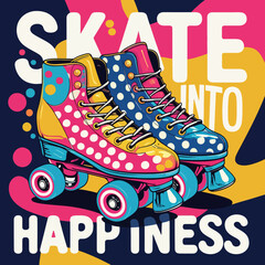 Colorful Roller Skates Retro Design Skate Into Happiness Fun Vibrant Polka Dots Wheels Happy Summertime Bright Illustration Artistic Graphic Design Cool Fashionable Sporty Active Lifestyle Energetic  