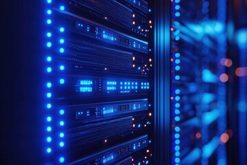 Server rack illuminated with blue LEDs