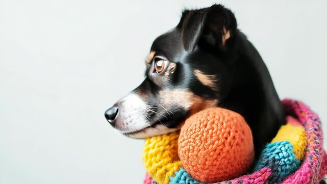 Adorable beautiful cute dog posing for photographer playing with her favorite toy on white background