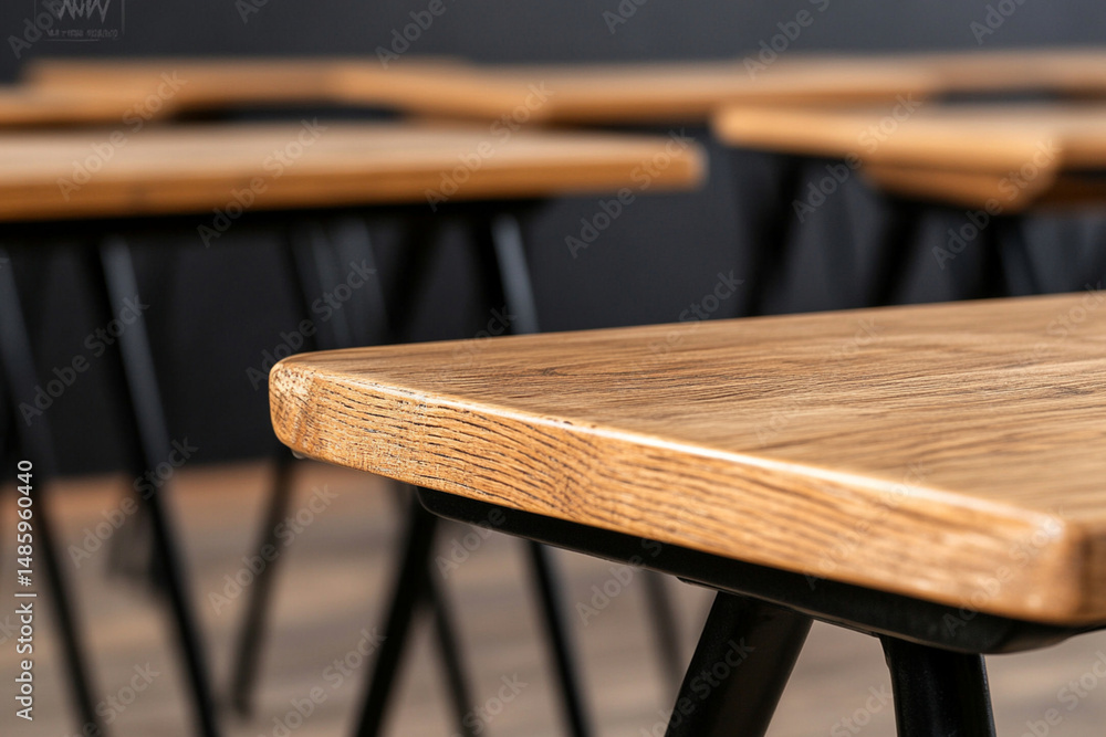 Poster old wooden desks and chalkboard fill empty school classrooms creating a nostalgic atmosphere