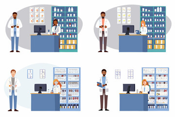 Pharmacists at work in pharmacy:Diverse team of pharmacists working in modern pharmacy setting, providing healthcare services and medication advice to patients.