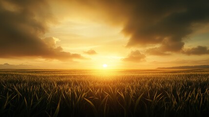 Sunset over agricultural fields serene plants and expansive sky in rural landscape