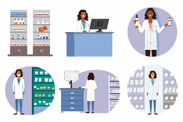 Pharmacy Scene Composition: This is a vibrant and well-composed illustration that depicts a diverse range of pharmacy scenes, showcasing the pharmacist and a variety of medications.