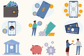 Financial Collection: A comprehensive collection of digital illustrations showcasing financial concepts, including a wallet, smartphone transactions, coin, dollar sign, bank, piggy bank.