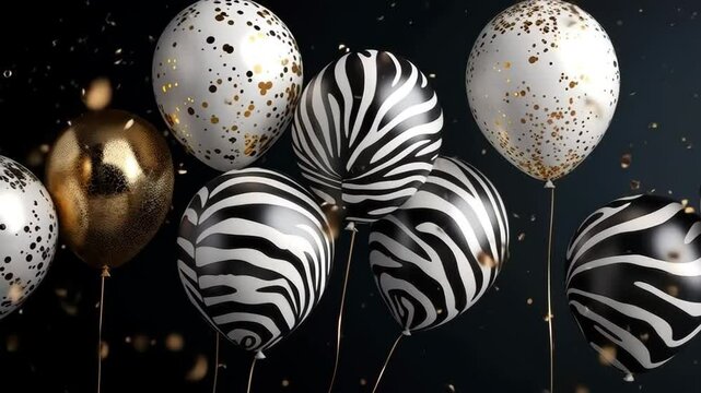 Air balloons with zebra print and gold-flecked white designs, floating with confetti against a black background. Anniversary, birthday party decor, festive events, or stylish celebration content.