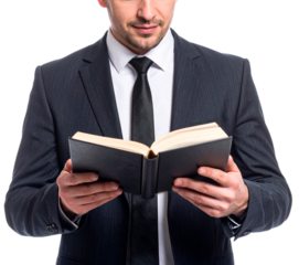 businessman reading book isolated on white background