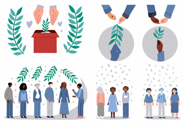 Business people and icons representing teamwork and diversity