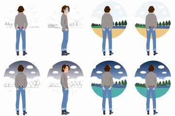 Reflection in the Landscape: A person stands in contemplation of the evolving landscape, each frame depicting a shift in the environment, weather, and perspective.