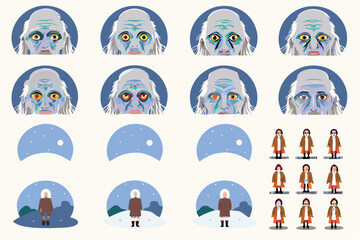 Winter Character Design Elements: A collection of charming winter character design elements, including various facial expressions, crescent moons, and wintery scenes, perfect for animation.