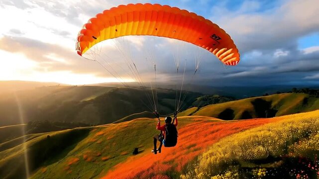 First-Person Parachute View Over Wildflower Hills &ndash; Immersive 4K Aerial Footage