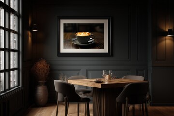 mocha mousse colored wall in cozy cafe interior, framed latte-themed print, warm light ambiance, wood texture table 12