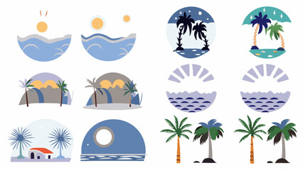 Tropical Paradise Icons: A vibrant collection of stylized icons and graphics showcasing serene beach scenes and elements, evoking a sense of tranquility and vacation joy.