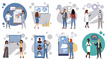 Business Collaboration and Data Analysis Illustration: A vibrant and colorful illustration depicting various scenes of business professionals collaborating on data analysis.