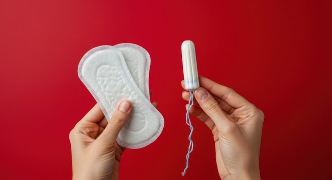 Woman holding sanitary pads in one hand and a tampon in the other against red background, representing feminine hygiene, menstrual health, and awareness.