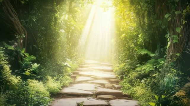 Stone path leading to bright light in lush forest