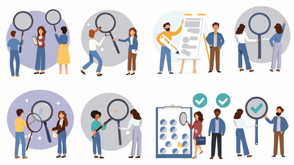 Team Collaboration with Magnifying Glasses: A vector illustration of a diverse team of professionals collaborating with magnifying glasses.