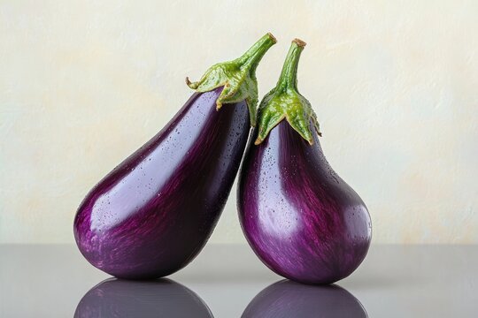 Two fresh purple eggplants with green stems resting on a reflective surface with water droplets visible
