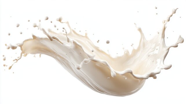 Ultra quality image of asymmetrical milk splash in air with vanilla flavor isolated on white background.