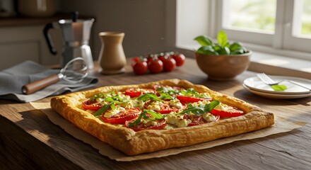 Square tomato tart with basil on a wooden table in a bright kitchen setting