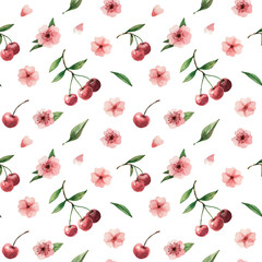 Watercolor seamless pattern featuring juicy cherry berries and delicate pink cherry blossoms.