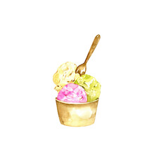 Watercolor Pink Ice Cream with Spoon Illustration,Hand Painted Sweet Cold Dessert in Bowl