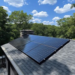 A rooftop covered in solar panels, installed on a steeply sloped roof of a building, surrounded by lush greenery in a suburban or rural setting.
