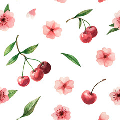 Cherry Bloom and Berry – watercolor seamless pattern with ripe cherries and soft pink flowers