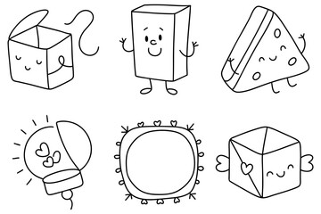 Cute and playful illustrations of various characters including box, rectangle, triangle, light, frame, and cube