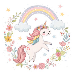 “Whimsical cartoon unicorn wreath with stars, clouds, and rainbows, soft pastel palette, cute and magical, ideal for children’s birthday cards and party invitations”

