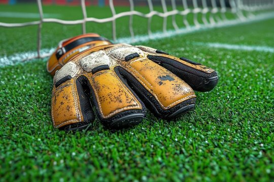 Worn goalkeeper gloves lying on green soccer field near goal net