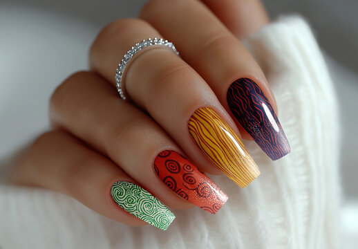 Colorful Nail Art Mockup &ndash; Realistic PSD Template Featuring Glossy Multicolor Fingernails with Abstract Patterns and Close-Up Hand Scene for Beauty or Cosmetic Branding