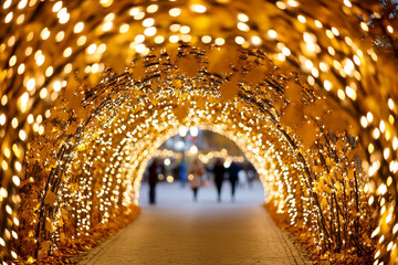 Obraz premium Garden pathway adorned with glowing fairy lights creates a magical autumn atmosphere for evening strolls