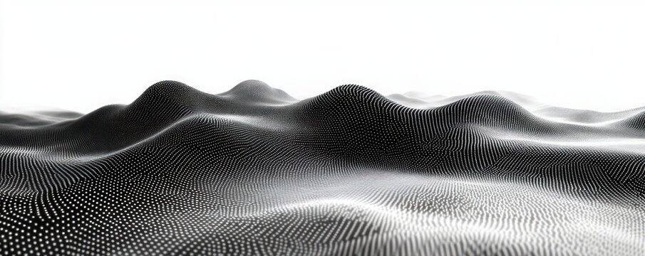 Abstract digital landscape of flowing black and white dots forming smooth wave-like hills under bright white light
