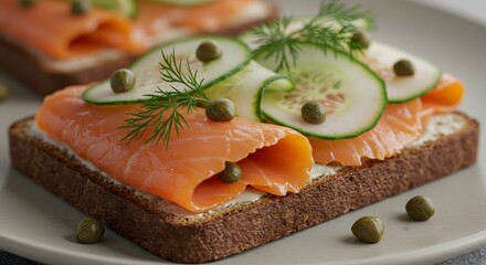 Close up of salmon toast with cucumber and capers on a plate, delicious food